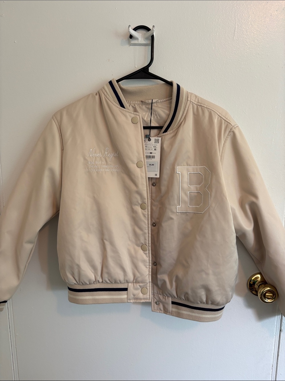 Zara Girl’s Cream Bomber Jacket with Navy Stripe Trim NWT
